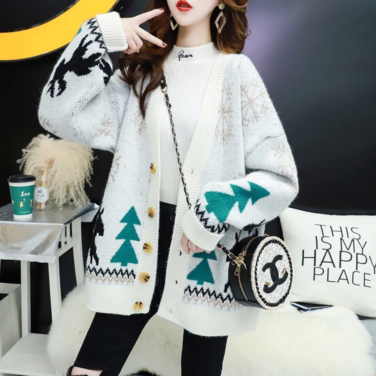 Christmas Women's sweater Scarf Collar Knitted Open Stitch cardigan oversized sweater cropped cardigan winter clothes women 201222