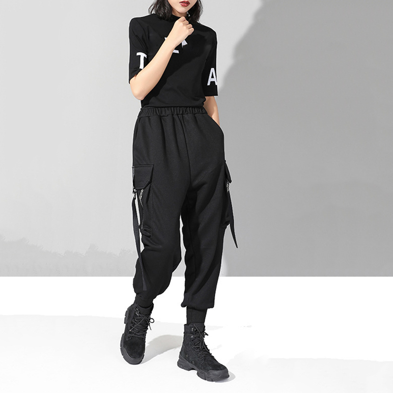 [EAM] New Spring Autumn High Elastic Waist Black Pocket Split Joint Ribbon Loose Harem Pants Women Trousers Fashion JQ015 201228