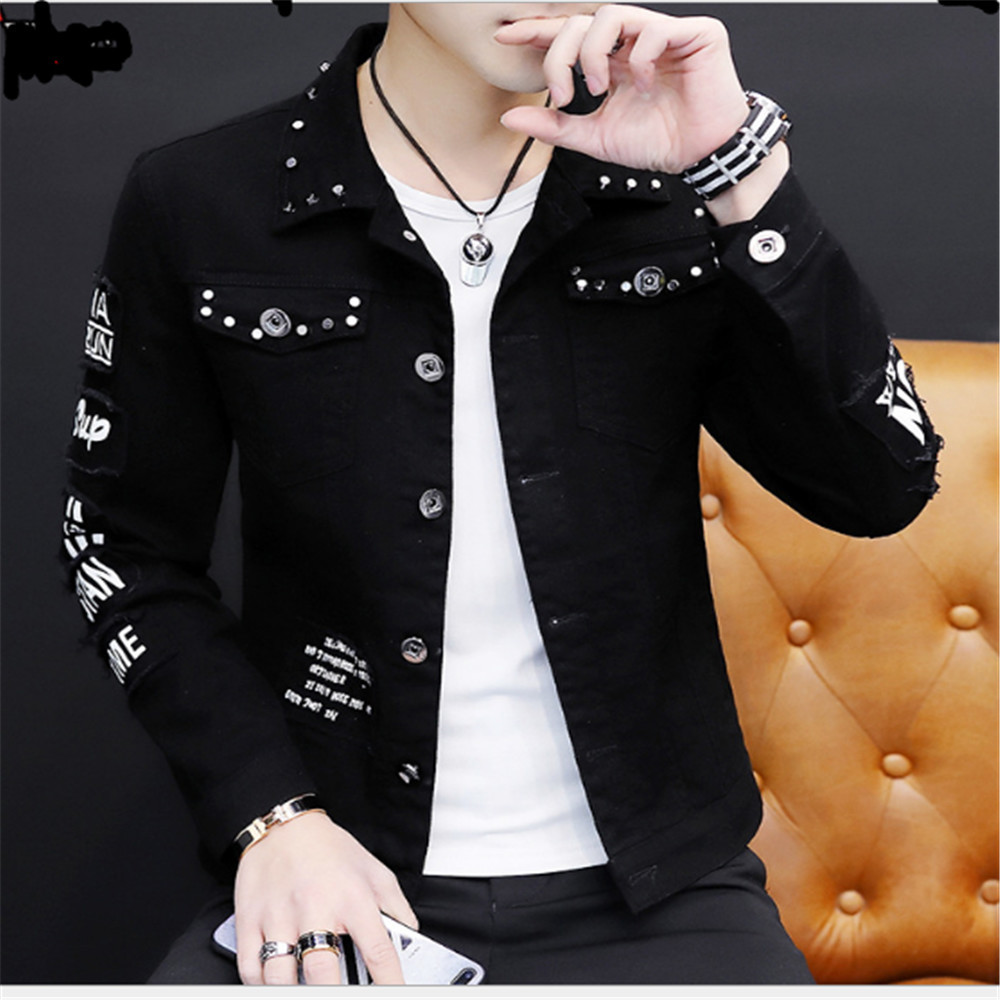 Spring Autumn Men's Ripped Denim Jacket Rivet Coat Cowboy Parka Jans Lapel Single-Breasted Outwear Tops 201123