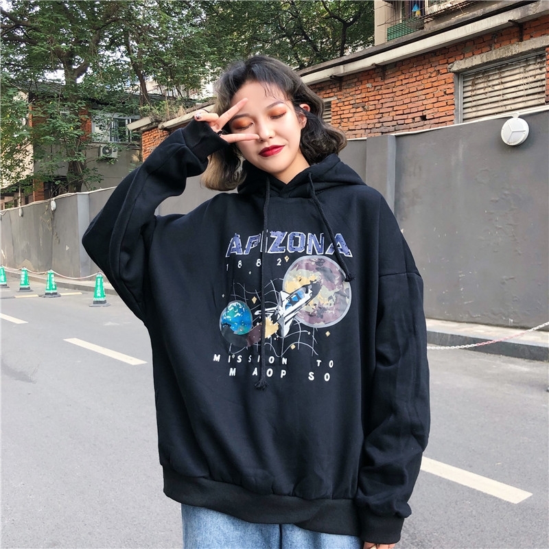 Paris Girl Women Loose Restore Star Airship Printing Black Thin Pullover O-neck Hoddie Sweatshirt Girls White Gray Hoodies T200407