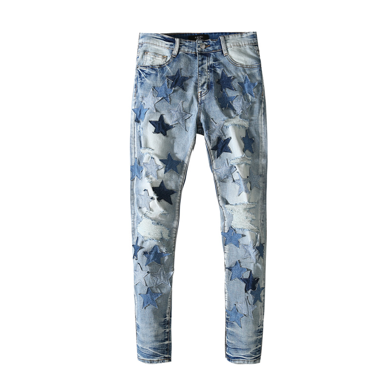 Mens Jeans Stars Patch Embroidery Straight Slim-cut Elastic Mid-waist Trousers High Street Hole Wash Water Distressed Pants, Light blue
Mens Jeans Stars Patch Embroidery Straight Slim-cut Elastic Mid-waist Trousers High Street Hole Wash Water Distressed Pants, Light blue