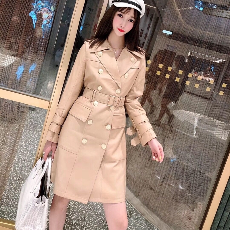 European Style Women Coats Natural 100% Sheepskin Genuine Leather Long Real Sheepskin Windcoat Female Double Breasted Coat 201030