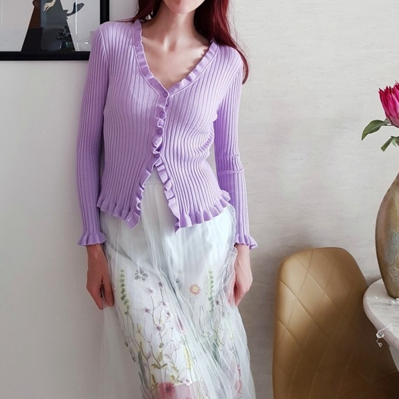 BYGOUBY Autumn Newly Ruffled Women Cardigans 2020 Fashion Slim Lady Knitted Sweater Long Sleeve Buttons V Neck Cardigan Sweater LJ201017