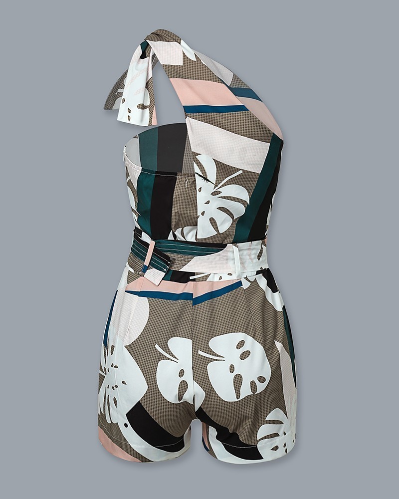 One Shoulder Knotted Detail Abstract Print Romper Jumpsuit Summer Sexy Ladies Overalls Playsuits T200113