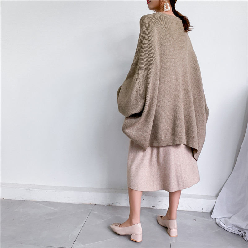 [EAM] Oversized Gray Knitting Sweater Loose Fit Round Neck Long Sleeve Women Pullovers New Fashion Autumn Winter 1Y190 201222