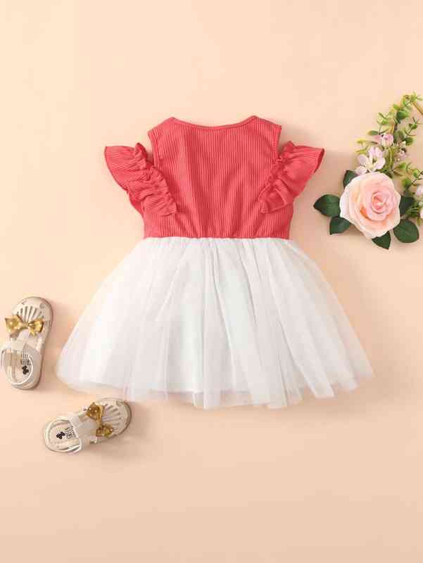Baby Frill Trim Cold Shoulder Color Block Mesh Overlay Dress SHE