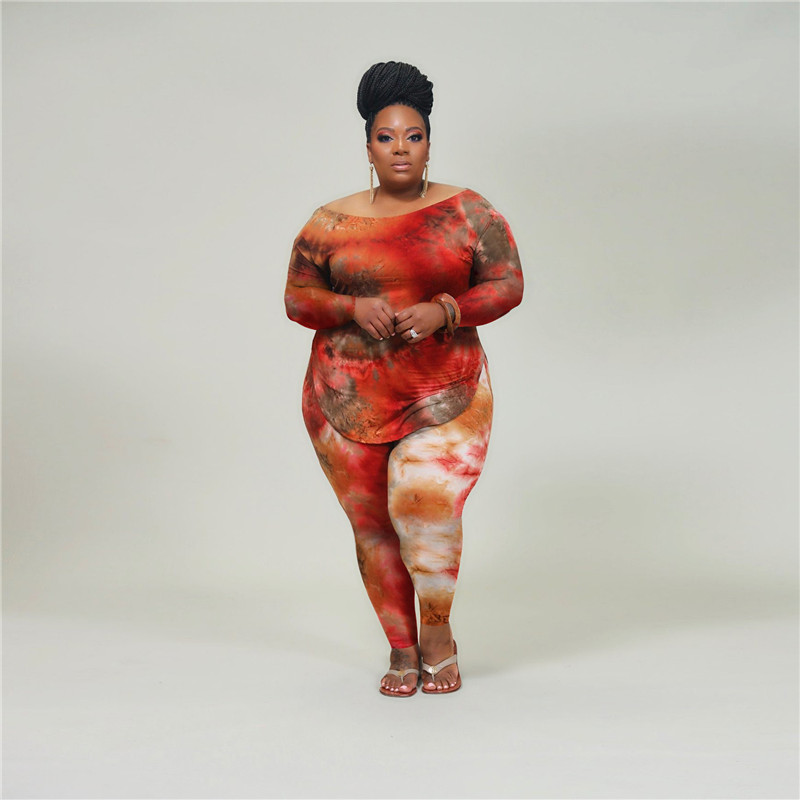 Plus size 3X 4X women bigger size tie dye two piece set fall winter tracksuits pullover sweatshirt+pants casual sportswear sweatsuits 4057