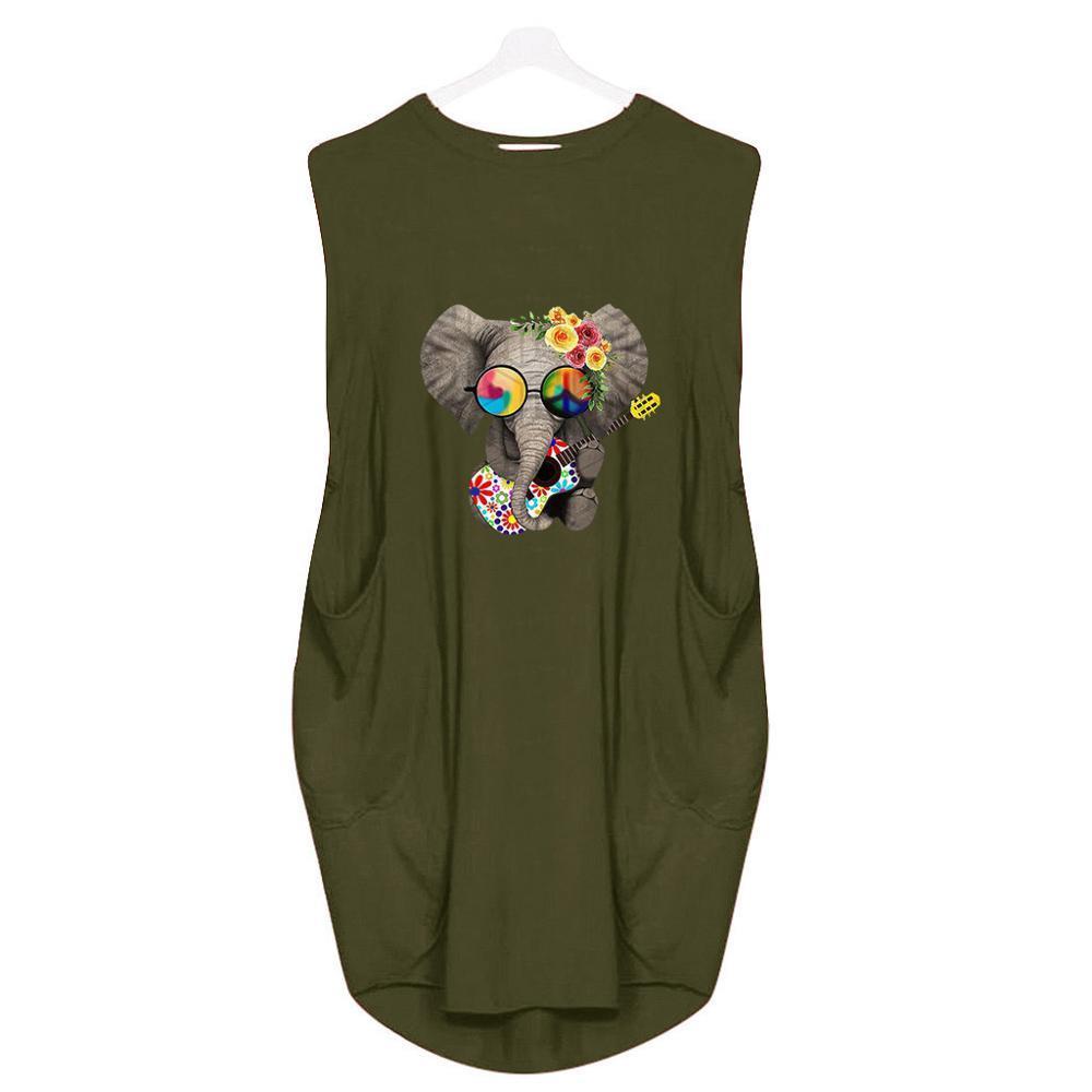 6 Color Cute Elephant Cartoon Print Loose KneeLength Dress Summer Women O Neck Sleeveless Tank Dress With Pocket T200618