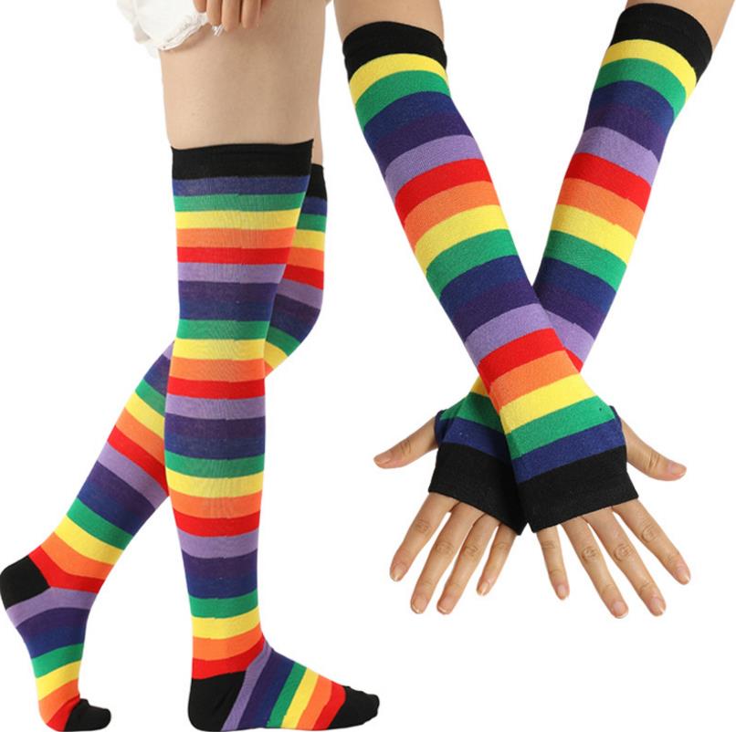 Rainbow Costume Set Stripe Knee High Socks Arm Warmer Fingerless Gloves Set for Teen adults Halloween Cosplay Xmas Dress-up Stage Wear