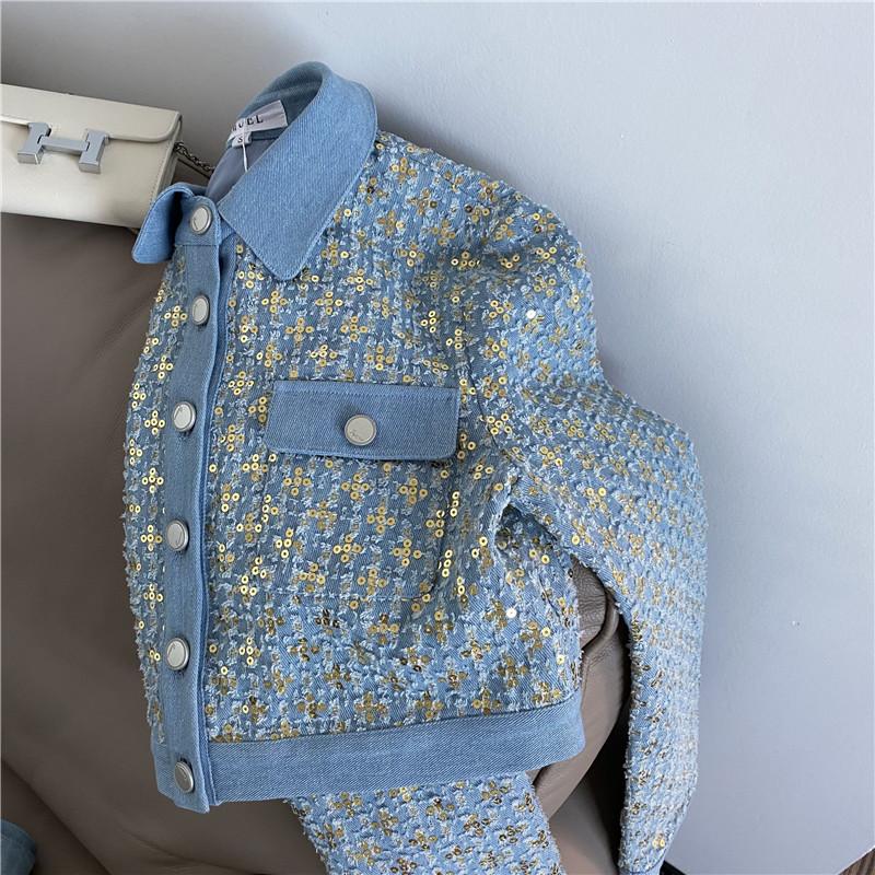 Women Suits: Sequined Embroidery Jacket with High Waist Wide Leg Trousers - Two Piece Denim Pants Set for Stylish Outfits C260312