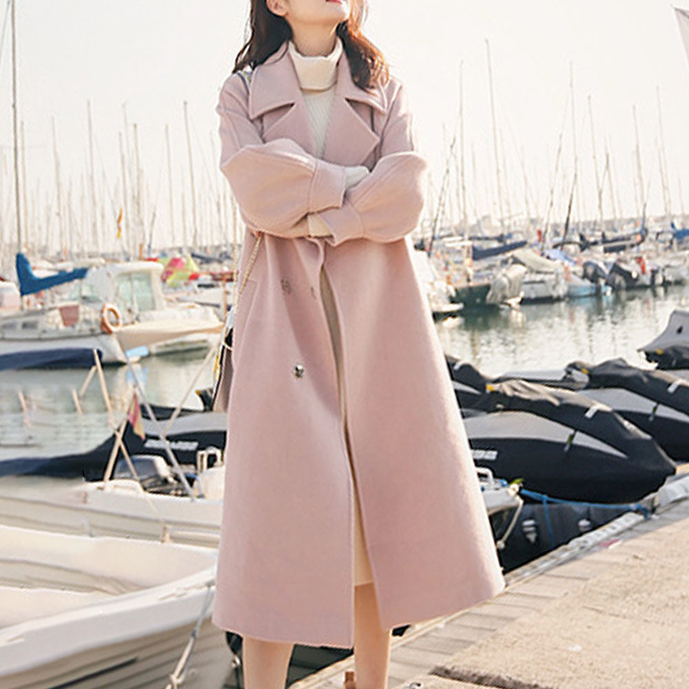 Wool Trench Coat Plus Velvet Female Fashion Pink Elegent Autumn Winter Women Casual Lantern Sleeve Long Slim High 201222