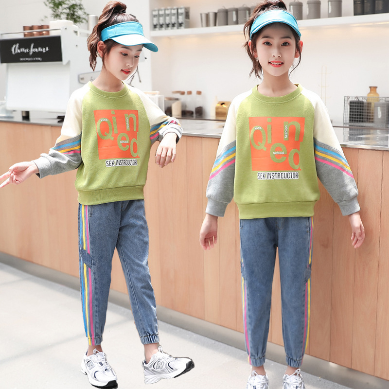 Children Clothing 3-12 Year 2020 Autumn Winter Teens Girls Clothes Top+Jeans2pcs Outfit Kids Sports Suit For Girls Clothing SetsX1019