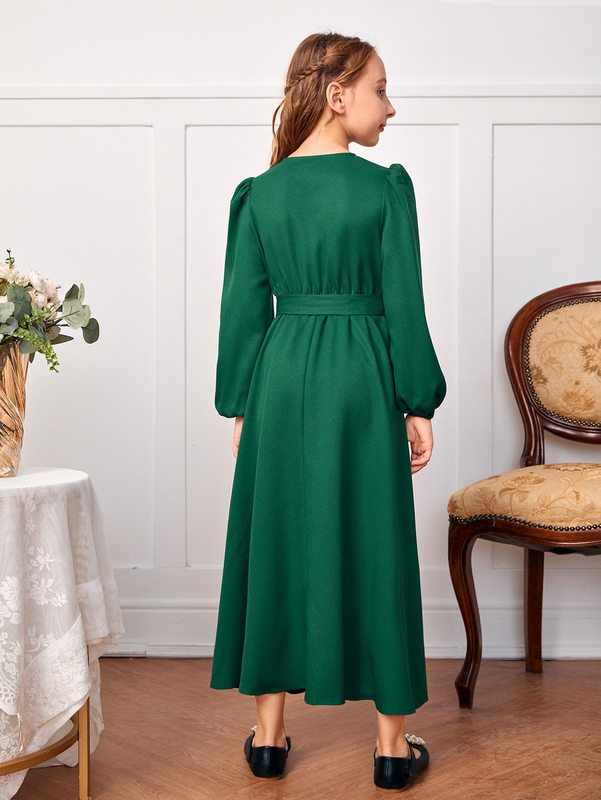 Girls Lantern Sleeve Asymmetrical Hem Belted Dress SHE