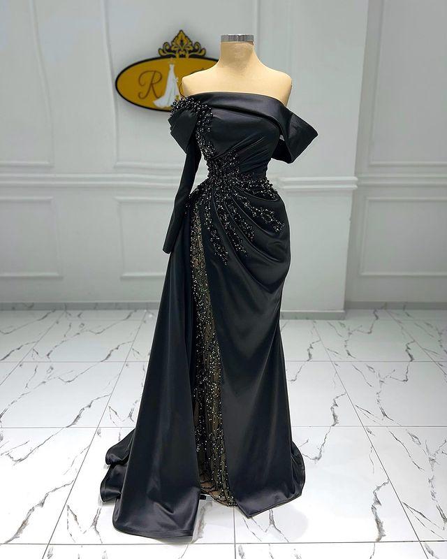 Arabic Plus Size Aso Ebi Black Luxurious Mermaid Prom Dresses Beaded Pearls Evening Formal Party Second Reception Birthday Gowns Dress