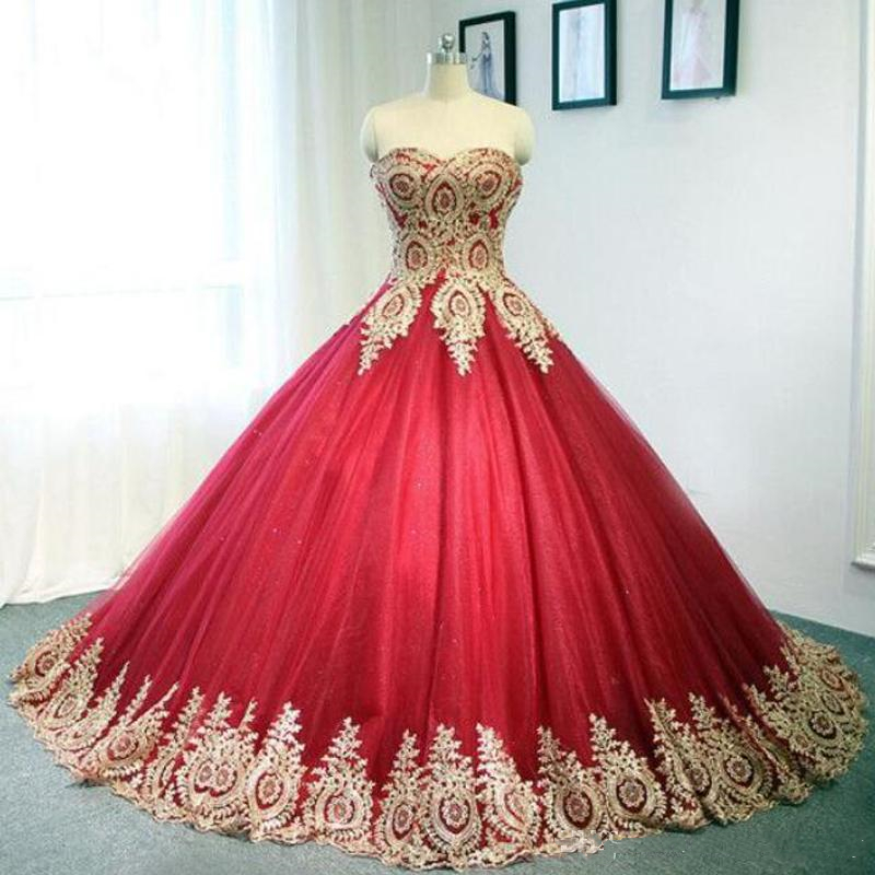 Gorgeous Dubai Red Ball Gown Wedding Dresses Appliqued Gold Lace Sweetheart Strapless Long Bridal Gowns Back Lace-up Plus Size Wedding Dress