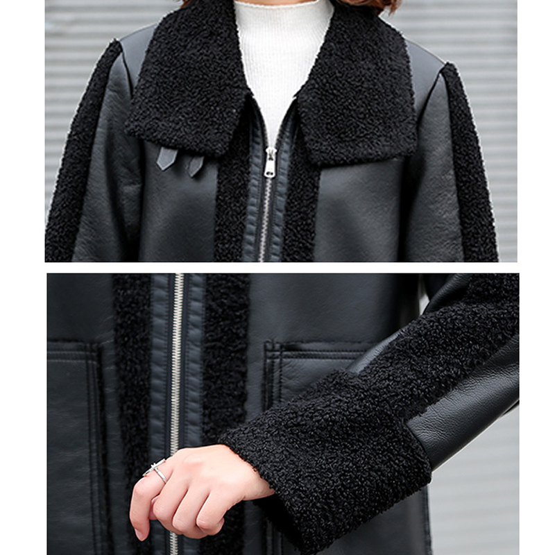 Winter Women Sheepskin Long Coats Thick Eco-leather Lambskin Wool Fur Big Pockets Jackets Splicing Black Motorcycle Outwear 201226
