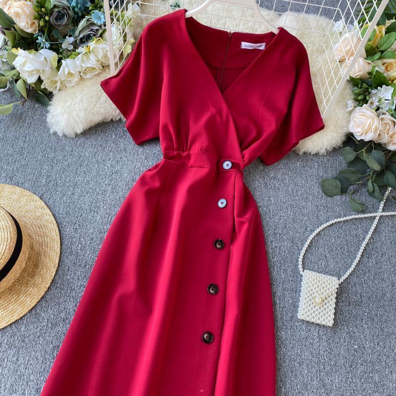 Vintage Slim V Neck Button Dresses Summer Midi Long Dress Vestido De Festa Party Evening Women Casual Elegant Vestidos T200620
