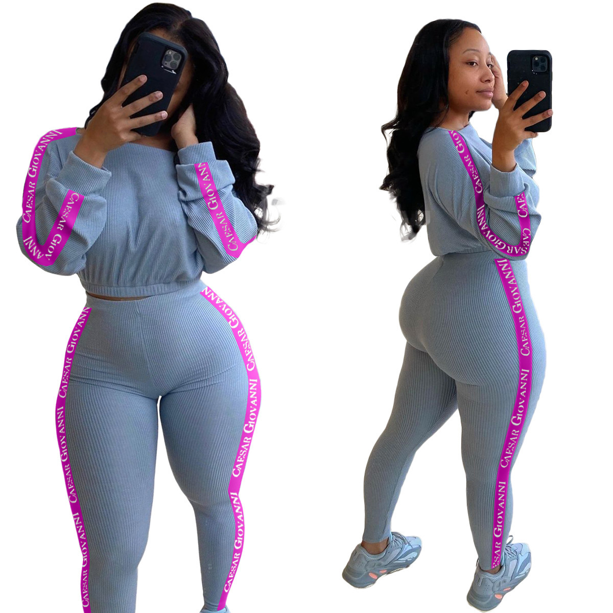Women Clothes Tracksuits Two Pieces Set Letters Printed High Waist Long Sleeve Top Trousers With Webbing On The Sides Casual Suits Sportwear
