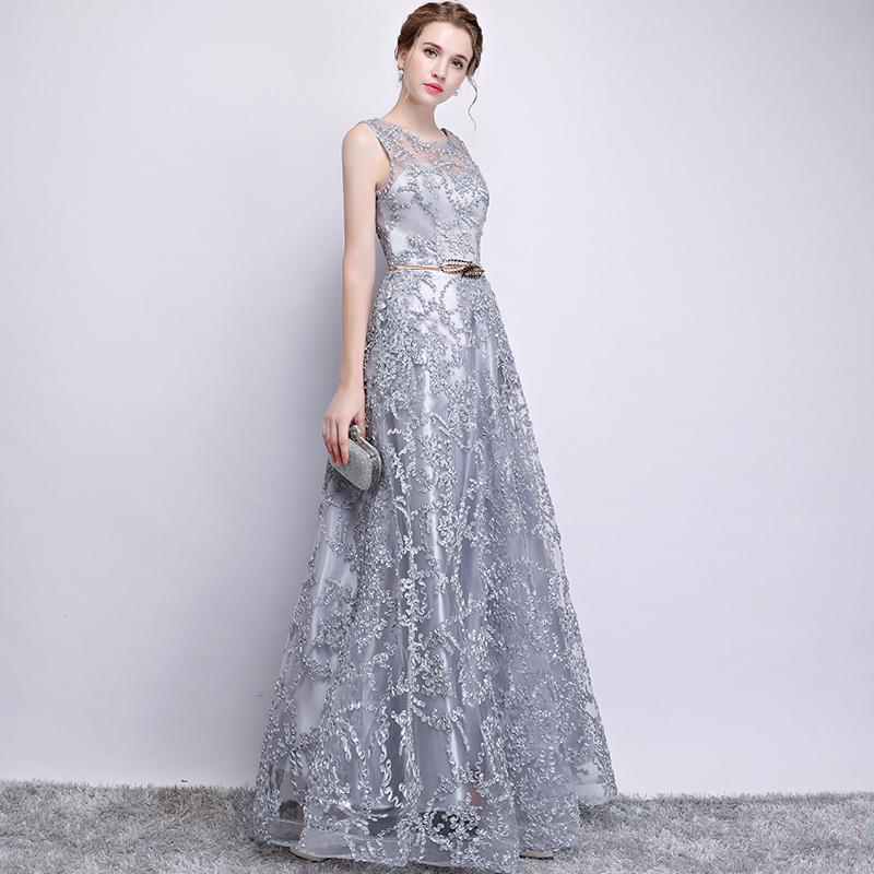 New Evening Dress Elegant Banquet Champagne Lace Sleeveless Floor-length Long Party Formal Gown plus size Robe De Soiree 201114