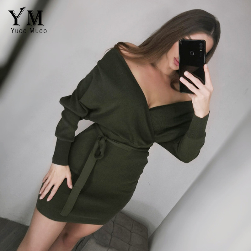 YuooMuoo Autumn Winter Women Knitted Sweater Dress Korean Long Batwing Sleeve V Neck Elegant Dress Ladies Bandage Dress 201030