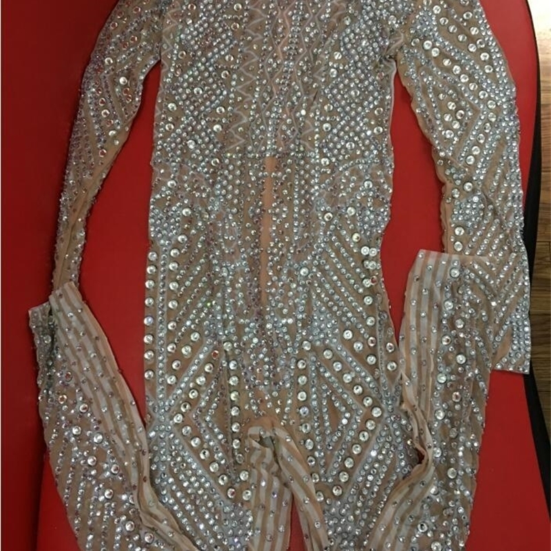 Mesh See Through Sparkly Bodysuit Rhinestone Long Sleeve Jumpsuit Evening Birthday Celebrate Costume Perspective Outfit YOUDU T200810