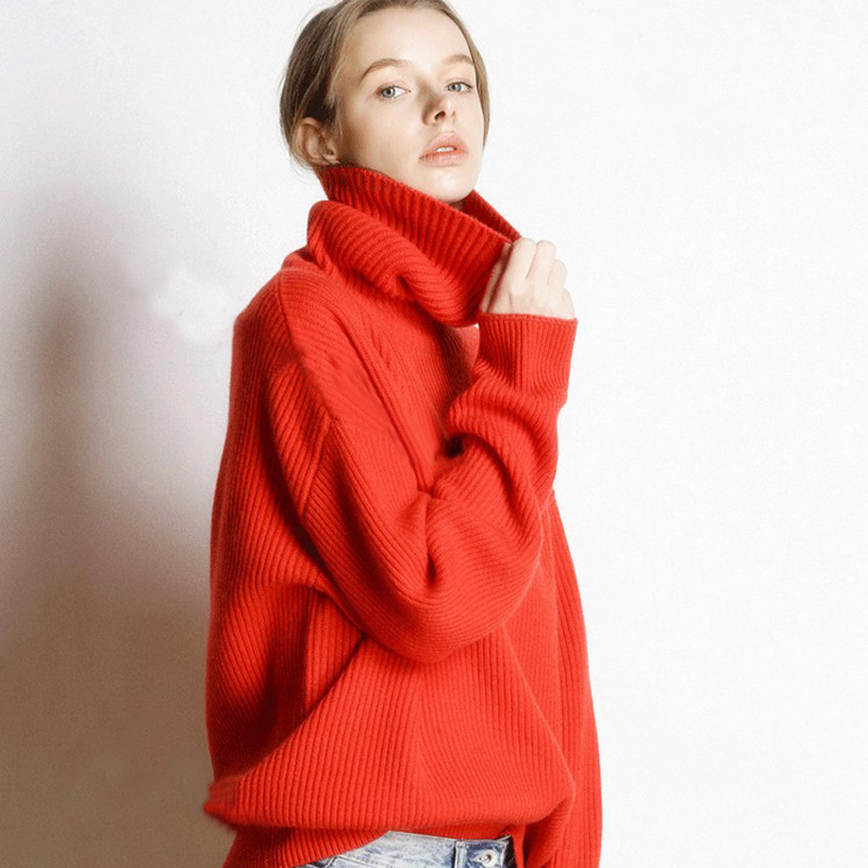 Knitted Women's High-neck Cashmere Sweater Turtleneck High-necked Autumn and Winter Basic Lady Sweater Loose Black 201023