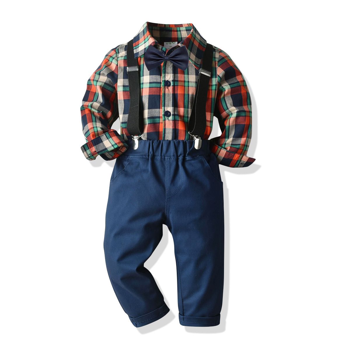 ewborn Infant Teen Toddler Baby Boys Plaid Long Sleeve Lapel Shirt Trousers Romper with Bow Tie SuspenderX1019