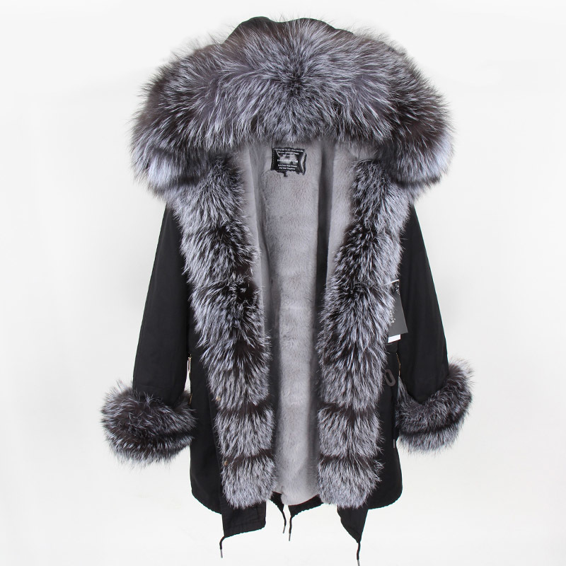 Maomaokong Winter Women Natural fox coats Real Fur Long Black Jacket Cotton thick warm parkas Faux fur lining 201112