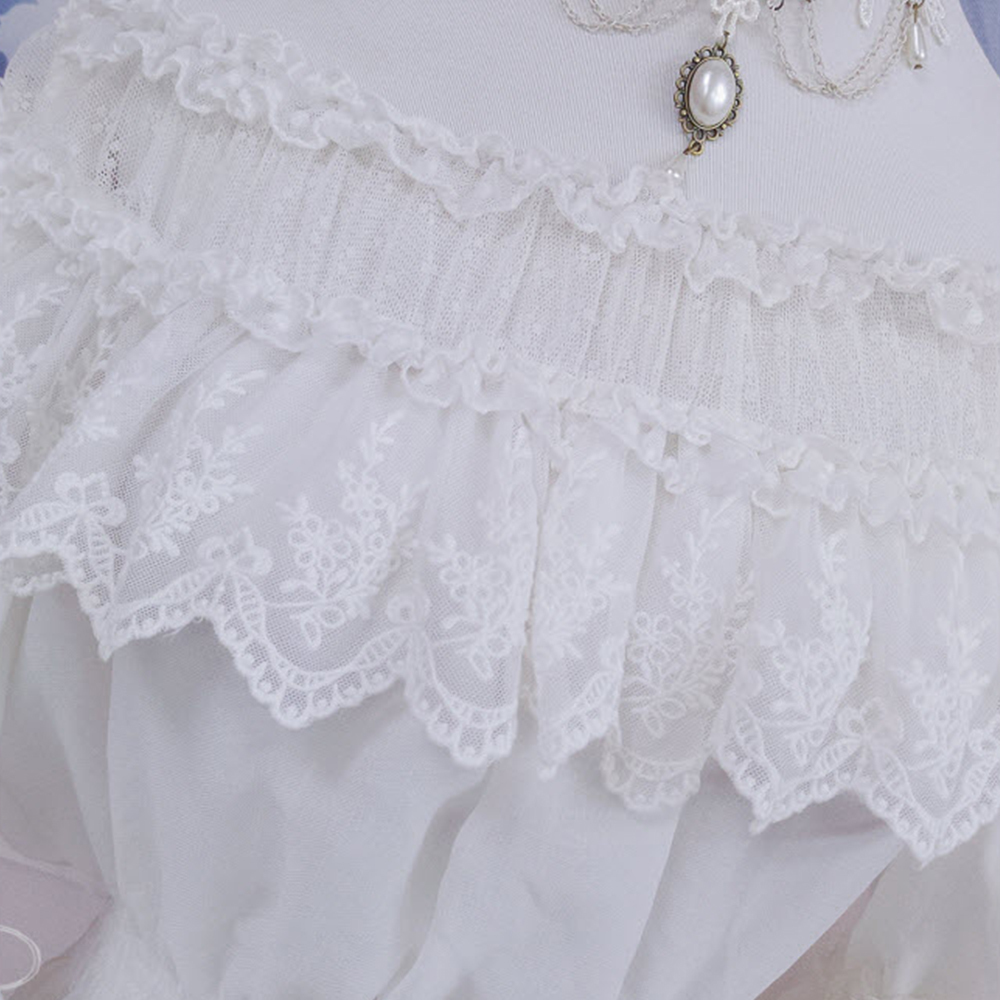 Lace Lolita Shirt Women Floral Embroidery Blouses Shirt Cosplay Ladies Slash Neck Tops Mesh Elegant See-through White Shirt 201125