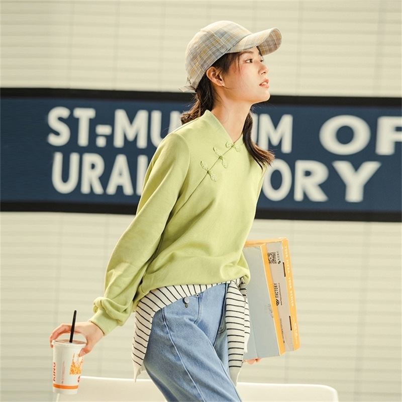 INMAN Chinese Style Winter Qi-Pao Collar Elegant Cotton Pullover Sweatshirt 201217