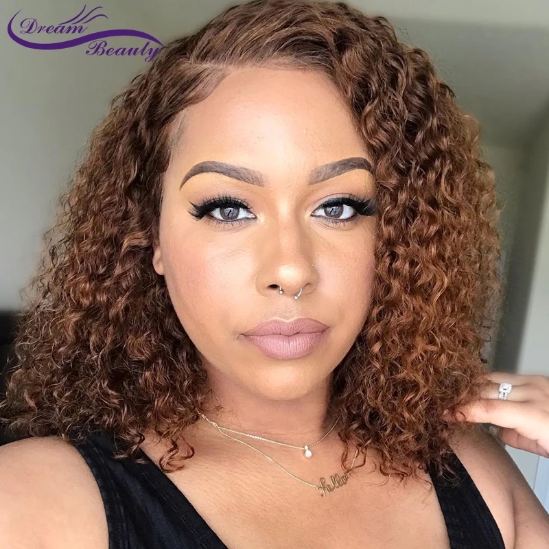 Free part brown Color Short Curly 13X4 brazilian Lace Front Wigs With Baby Hair natuial synthetic Wig For Women