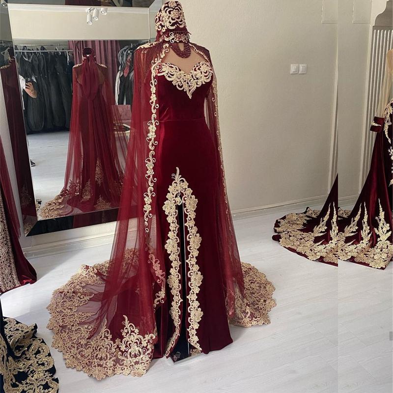 Burgundy Side Split Mermaid Dresses with Jacket Sweetheart Gold Appliques Saudi Arabic Evening Gown vestidos de fiesta