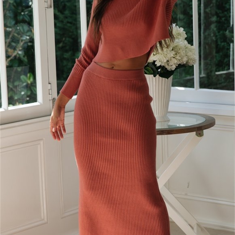 Knitted 2 Pieces Set Women Pullovers Sweater Crop Tops & Knitted Skirts Bodycon Office Lady Skirts 2PCS Suits Winter Cloth 201102