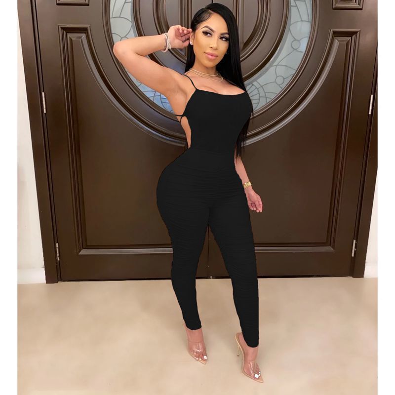 HAOYUAN Sexy Ruched Bodycon Rompers Women Jumpsuit New Summer Clother One Peice Club Outfits Backleee Lace Up Body Overalls T200509