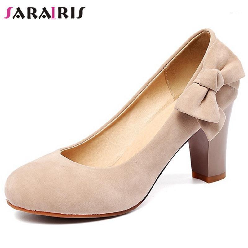 

SaraIris Concise Shallow Heeled Pumps Women Sweet High Heels butterfly-knot Pumps Ladies Elegant Solid Flock Shoes1, Apricot