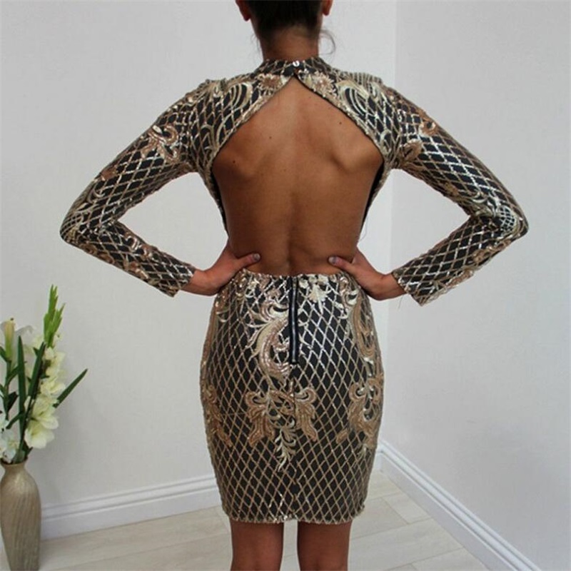 Real Image Gold Evening Dresses Sequins Appliqued Sexy Backless Sheath Prom Dresses Bling High Neck Long Sleeves Girl Party Gowns In Stock