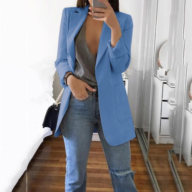 Women Long Sleeve Thin Coat Fashion OL Solid Color Jacket Office Ladies Slim Jackets Patchwork Open Stitch Black Red Blue T200319