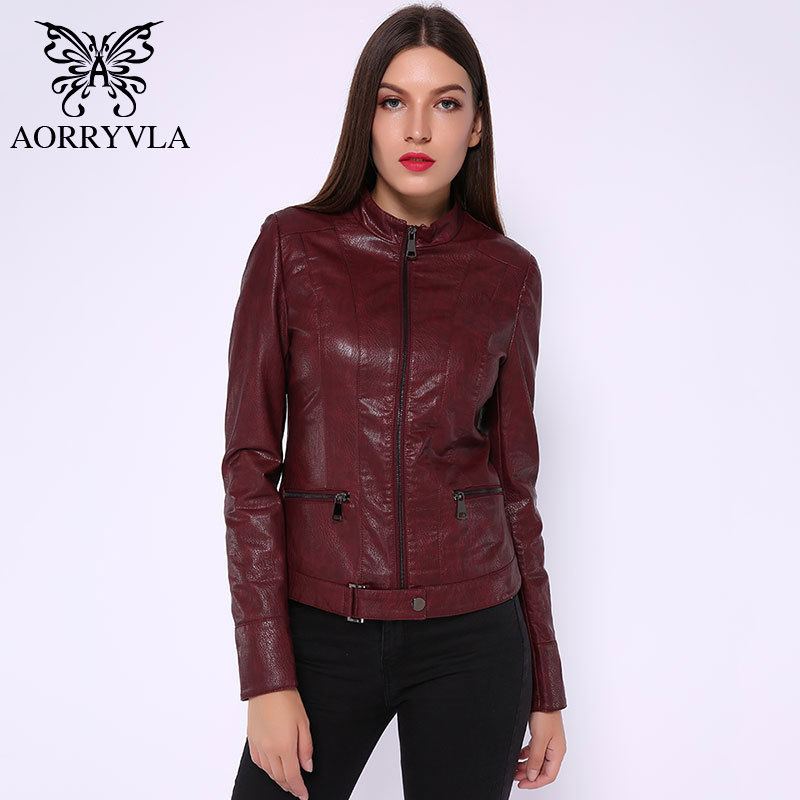 AORRYVLA New Autumn Women's Leather Jacket Slim Black PU Faux Leather Coats Mandarin Collar Motor Biker Jacket With Belt 201226