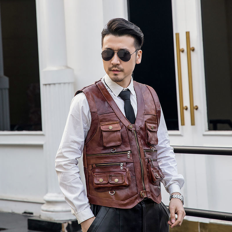 Cowhide Genuine Leather Vest Men Brown Waistcoat Male Sleeveless Jacket Thick High Quality Motorcycle Vest Multi Pocket Zipper 201120