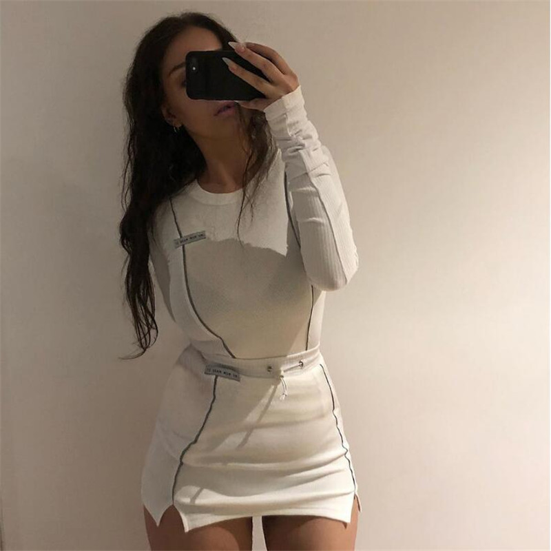 Fashion Reflective Casual Striped Two Piece Outfits Women Long Sleeve Top And Mini Skirt Sets Autumn White Set New T200325