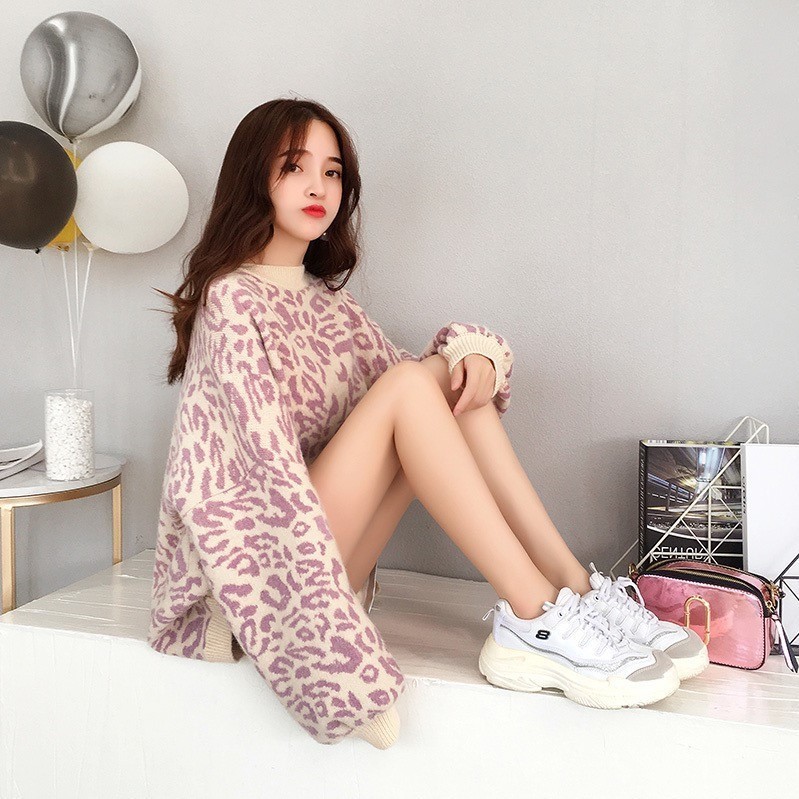 HSA Autumn Winter Women Leopard Pullover and Sweaters Round Neck Oversize Sweater Jumpers Casual Leopard Korean Pull Femme 201109