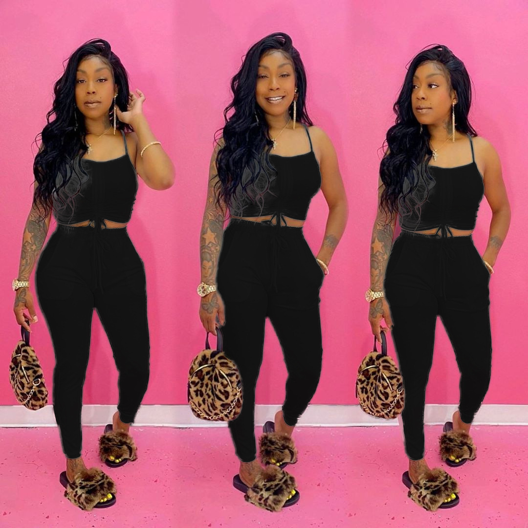 womens 2 piece short sets tracksuits 2023 Summer new suspender navel with pocket casual vest trousers Suit fashion summer style