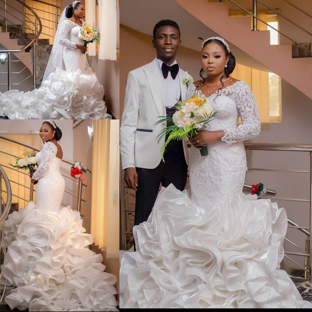 Aso Ebi Luxurious Lace Beaded Wedding Dresses Sheer Neck Crystals Long Sleeve Cascading Ruffles Train African Bridal Gown Plus Size