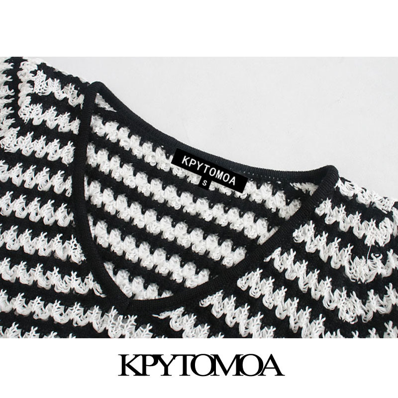 KPYTOMOA Women Fashion Striped Cropped Knitted Sweater Vintage V Neck Lantern Sleeve Female Pullovers Chic Tops 201017