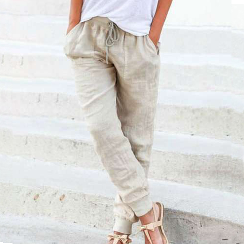 Spring Summer Plus Size Trousers Cotton Linen Solid Loose Harem Pants Mid Waist Drawstring Pockets Long Pants Female 201113