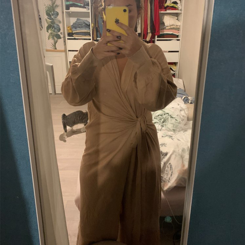 Autumn Winter Women Knitted Dress Elegant Casual V-neck Long Sleeve Midi Cardigan Solid Loose Split Side Sweaters Dresses 201110