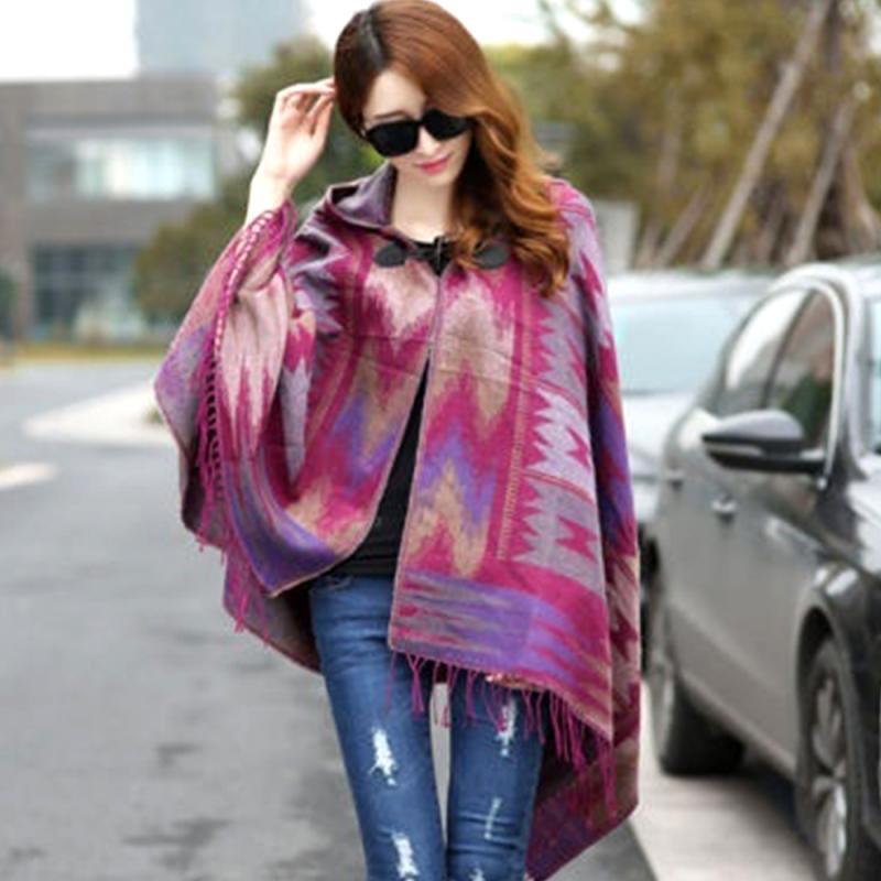 Stylish Women Boho ethnic printed Hoodie Cape Poncho Acrylic Wool Shawl Scarf Fashion Girls Sweater Fringe Hooded Wraps