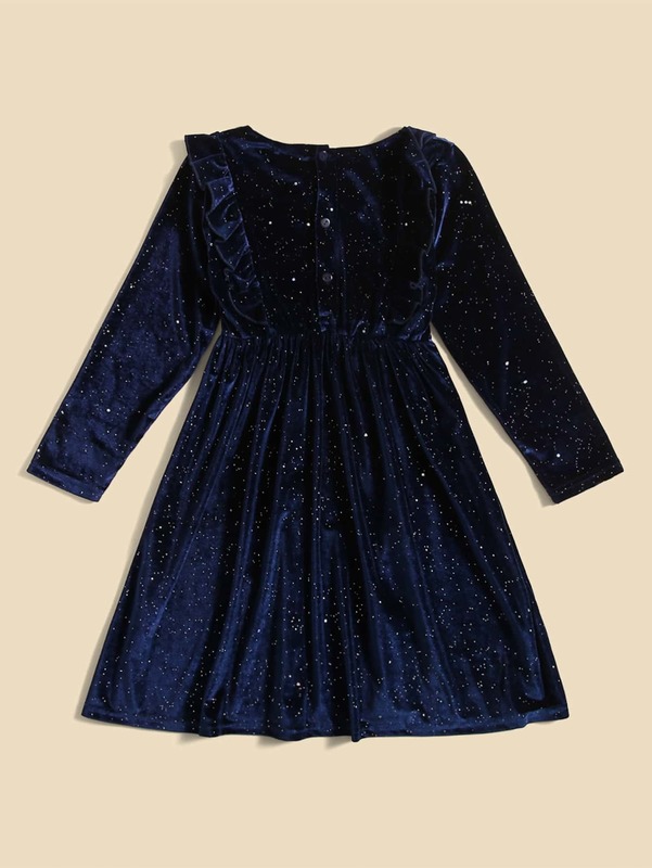 Girls 1pc Sequin Insert Star Pattern Ruffle Trim Velvet Dress SHE