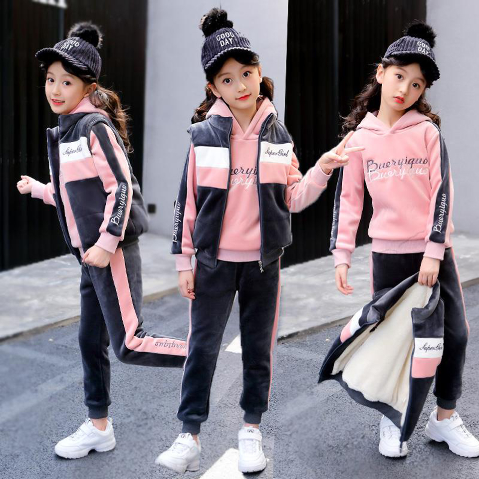 2019 Winter 3pcs Kids Thickening Hooded Vest+Sweater+Pant Sport Suits Baby Boys Girls Warm Fashion Set Children ClothingX1019