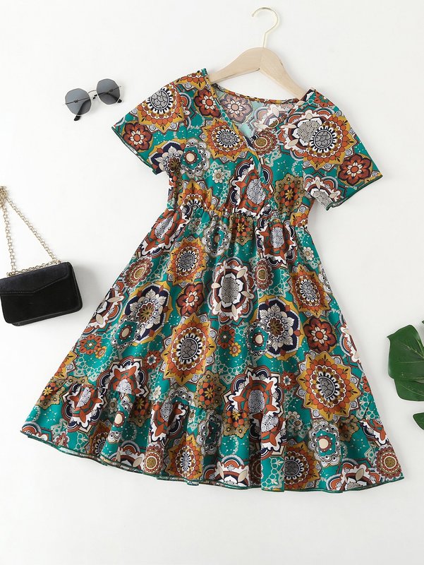 Girls Mandala Print Overlap Collar Ruffle Hem Dress SHE